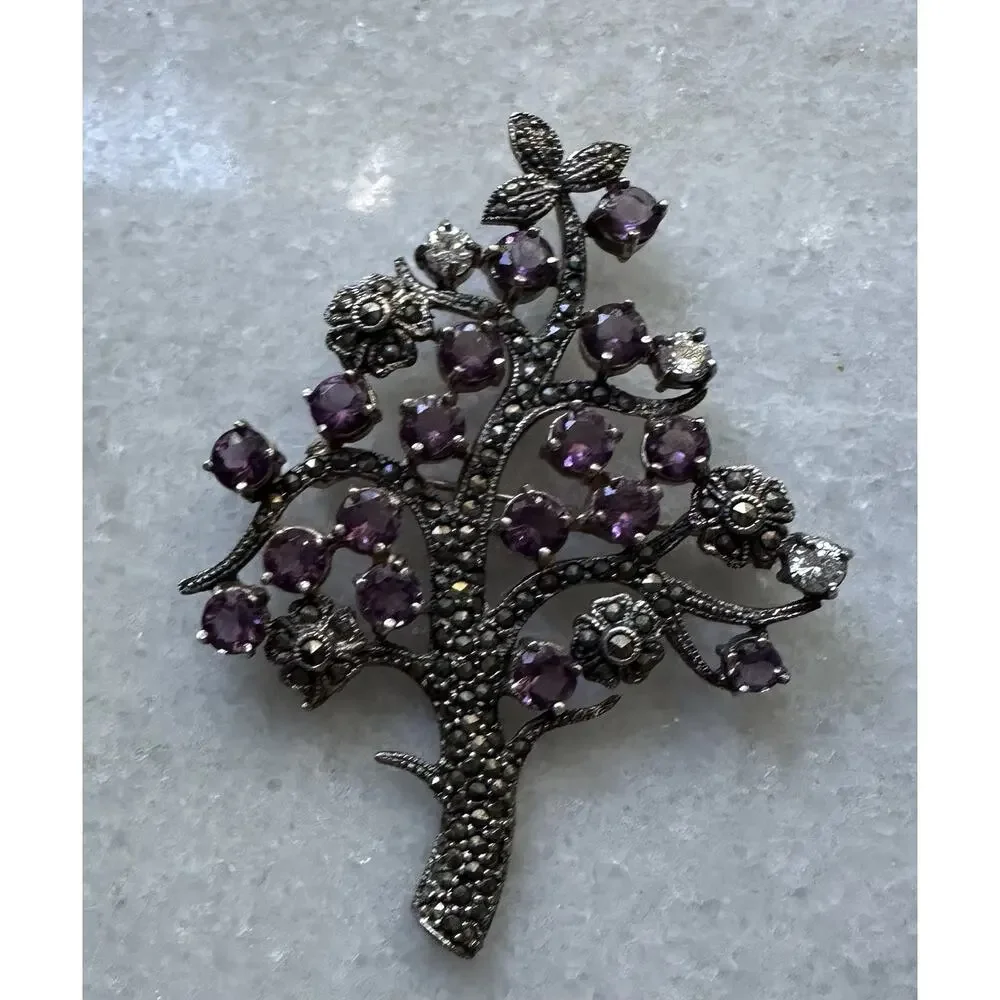 Sterling 925 Stamp Tree Of Life Brooch Possible Amethyst Stones Pin Clasp